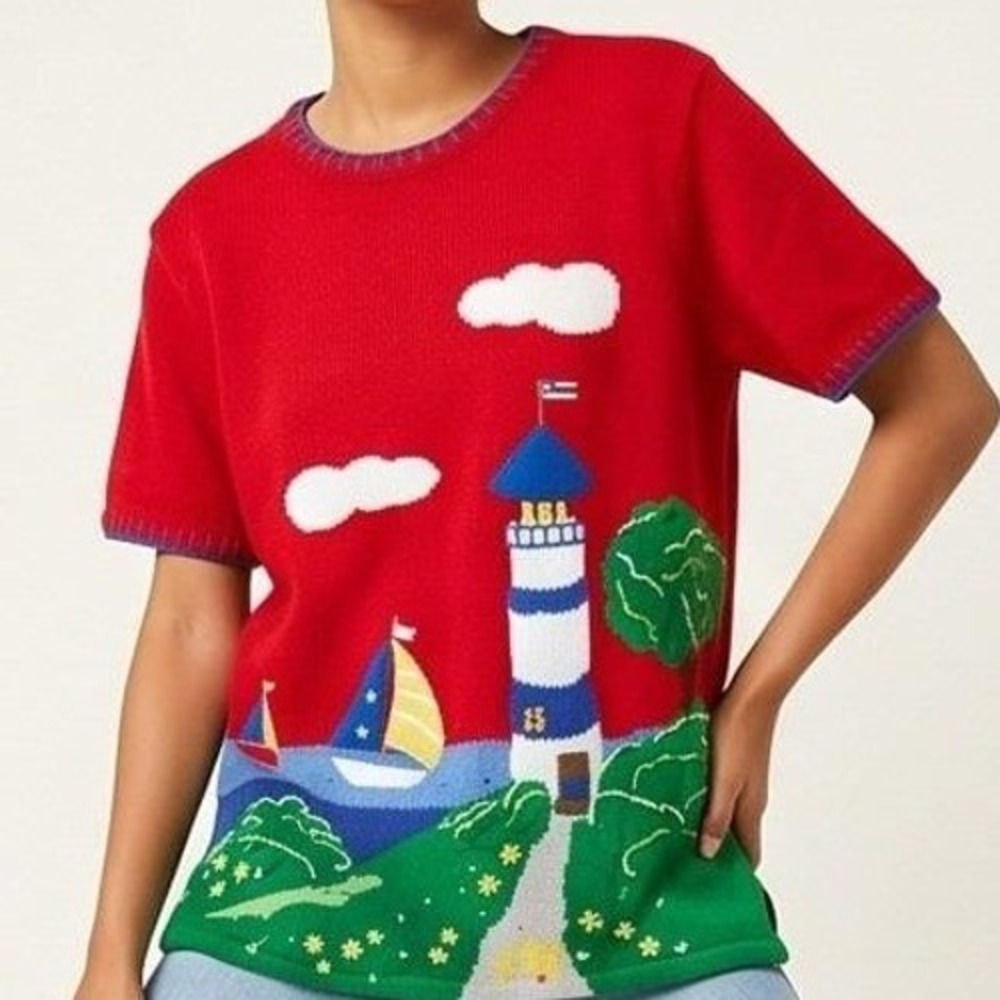 Quacker Factory‎ L Red Nautical Lighthouse Sailboat Short Sleeve Sweater NWT